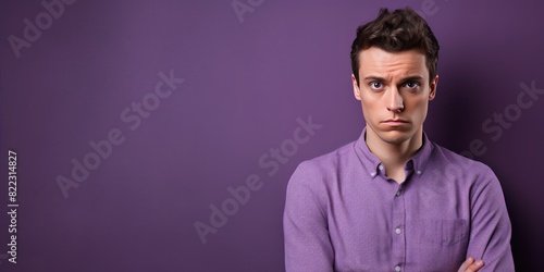 Purple background sad european white man realistic person portrait of young beautiful bad mood expression man Isolated on Background depression anxiety fear  © Zickert