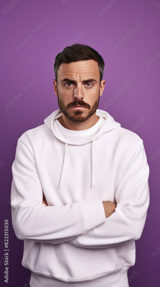 Purple background sad european white man realistic person portrait of young beautiful bad mood expression man Isolated on Background depression anxiety fear 