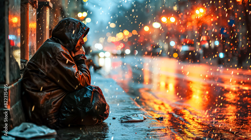 A portrait of a homeless man sitting on a wet street, highlighting the struggle and resilience of those facing homelessness, urging for empathy and assistance.