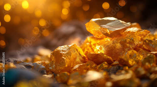 Close-up shot of raw gold nuggets with a glowing, golden bokeh background, highlighting the natural texture and shine of the precious metal.