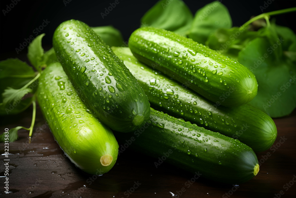 Fresh green cucumbers with water droplets on a dark wooden surface, surrounded by green leaves, showcasing organic produce. Fresh green cucumbers with water droplets on a dark wooden surface, surrounded by green leaves, showcasing organic produce.
