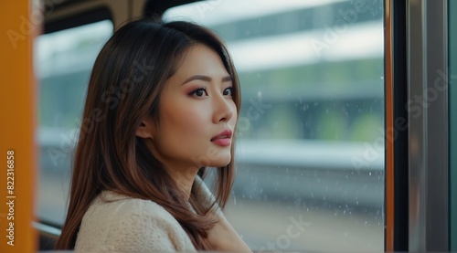 Beautiful attractive asian woman model looking out the train window Free Download Beautiful attractive asian woman model looking out the train window - GFXLoad