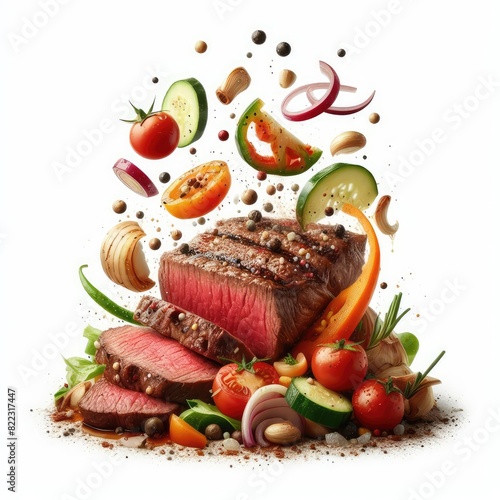 Falling steak with vegetables pieces isolated on a white background