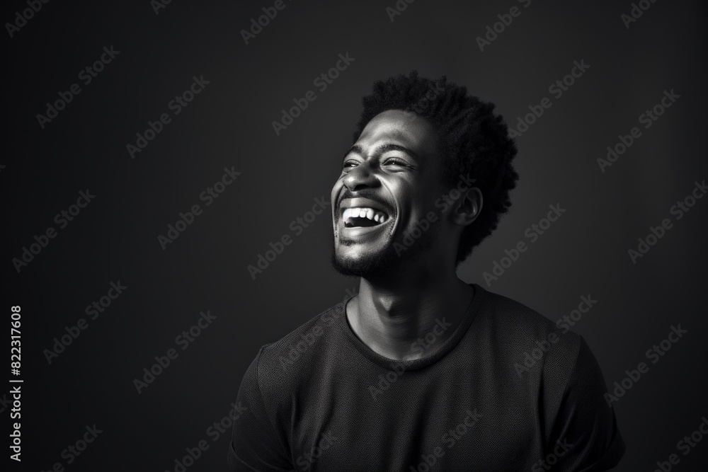Portrait of a grinning afro-american man in his 30s laughing on bare monochromatic room