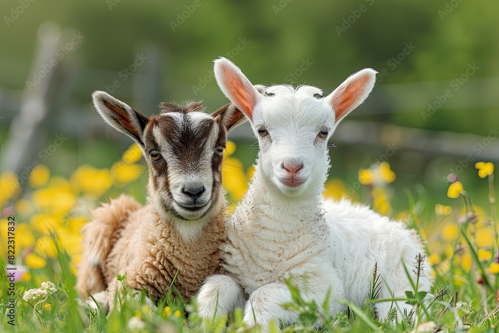 Fototapeta premium Two cute baby goats sheep sitting on a green meadow background 