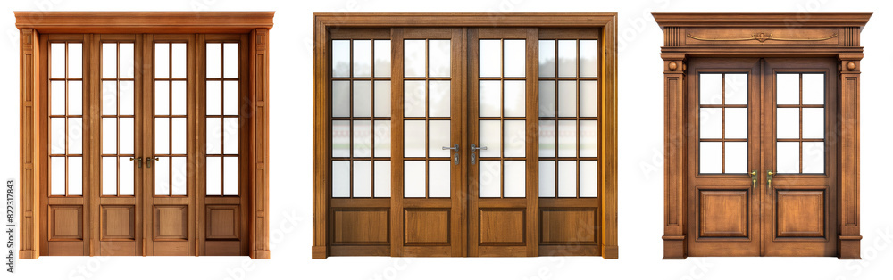Set of wooden double doors with glass panes isolated on transparent or white background Set of wooden double doors with glass panes isolated on transparent or white background