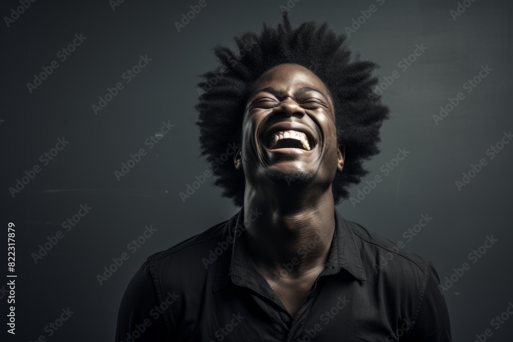 Portrait of a grinning afro-american man in his 30s laughing in front of bare monochromatic room