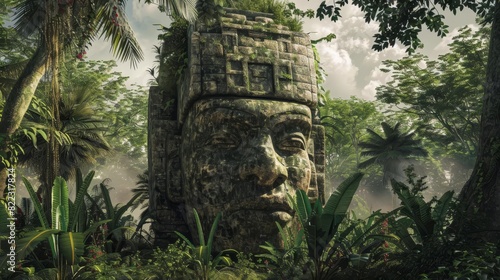 ancient olmec colossal head statue surrounded by lush jungle vegetation concept illustration photo