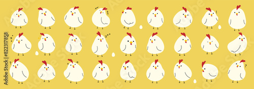 White Chicken collection 1 cute on a yellow background  vector illustration.