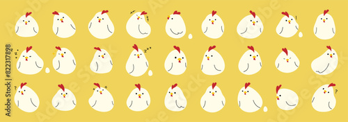 White Chicken collection 2 cute on a yellow background, vector illustration.