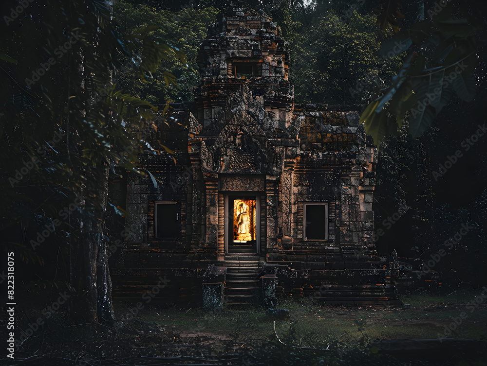 Ancient Stone Temple with Detailed Carvings Surrounded by Lush Green Foliage in Forest, Featuring Illuminated Deity Statue and Mystical Atmosphere in Natural Setting