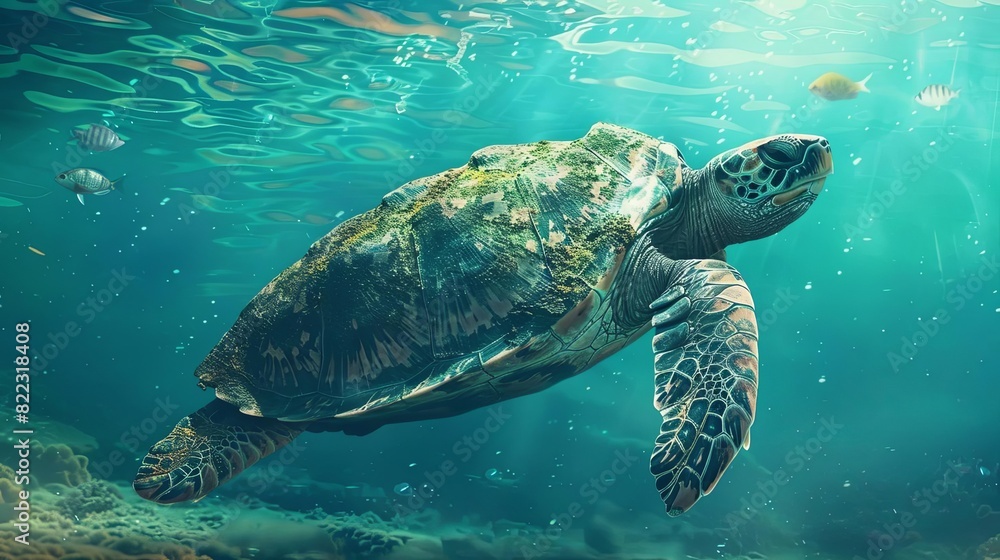 Fototapeta premium ancient turtle swimming in crystal blue ocean waters serene underwater wildlife illustration