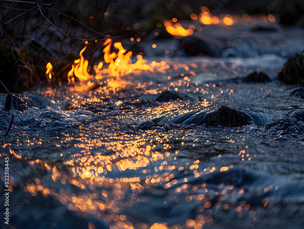 Surreal Fire on Water Scene: Vivid Orange and Yellow Flames Dance Gracefully on Flowing Water Surface in Mysterious Natural Setting with Striking Reflections and Subtle Hints of Rocks and Vegetation Surreal Fire on Water Scene: Vivid Orange and Yellow Flames Dance Gracefully on Flowing Water Surface in Mysterious Natural Setting with Striking Reflections and Subtle Hints of Rocks and Vegetation