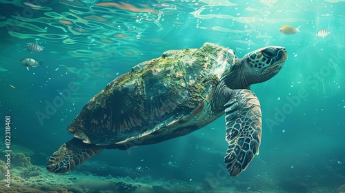 ancient turtle swimming in crystal blue ocean waters serene underwater wildlife illustration © Bijac