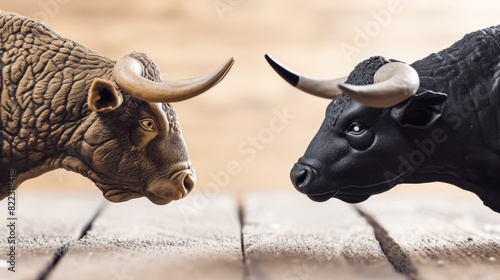 Close-up of two bull statuettes, gold and black, facing each other against a blurred wooden backdrop, highlighting intricate details and textures.