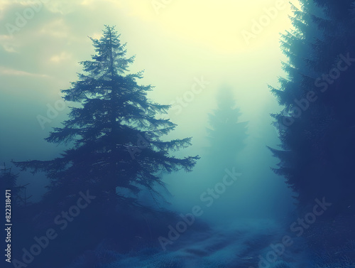 Mystical Foggy Forest Path with Ethereal Glow: Tall Silhouetted Pine Trees, Tranquil Eerie Atmosphere, Serene Woodland Scene Invoking Depth and Mystery photo