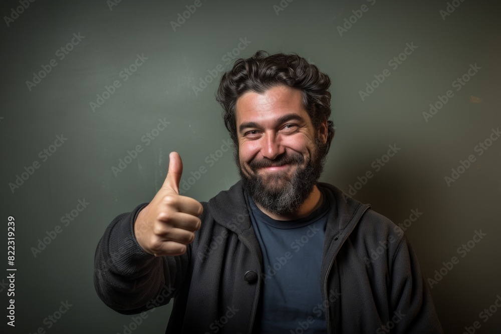 Portrait of a jovial man in his 30s showing a thumb up on bare monochromatic room