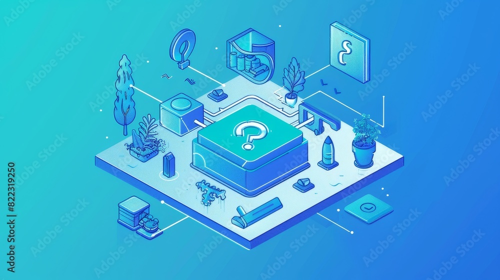 Isometric landing page with keyword research tool, with a question mark in a speech bubble on blue background. Key word analysis service 3d modern illustration, line art web banner.