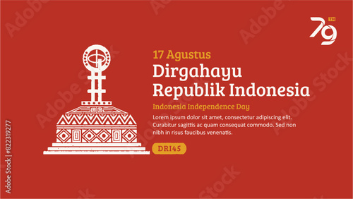 Indonesia Independence Day Banner. Hand-Drawn Equator monument with Trendy Stamp. 17 Agustus Celebration