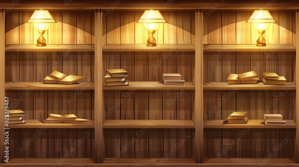 Modern realistic mockup of white bookshelves in a library, wood showcase in a retail store. Timber planks for display or exhibition in an art gallery. Modern realistic mockup of white bookshelves in a library, wood showcase in a retail store. Timber planks for display or exhibition in an art gallery.