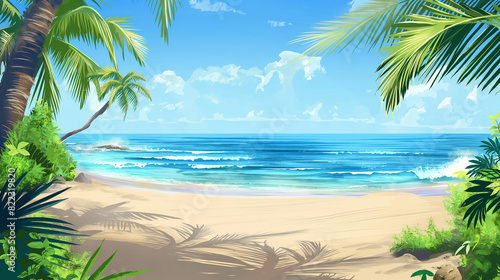 Beach Panorama with blue water and palm trees network concept  realistic style