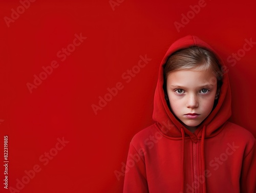 Red background sad European white child realistic person portrait of young beautiful bad mood expression child Isolated on Background depression anxiety fear 