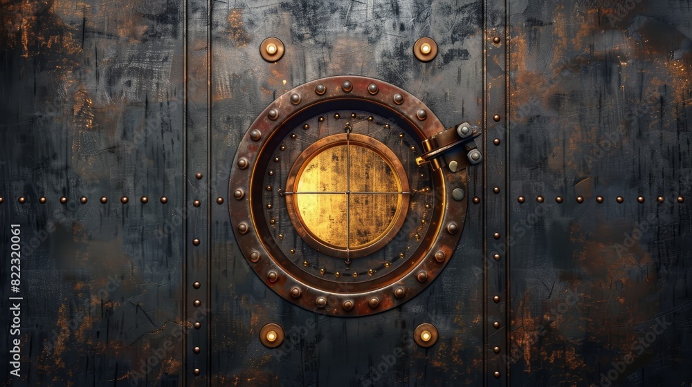 An old metal door with a porthole, rusty submarine or bunker entrance with an illuminator and rotary valve lock wheel. An old metal door with a porthole, rusty submarine or bunker entrance with an illuminator and rotary valve lock wheel.