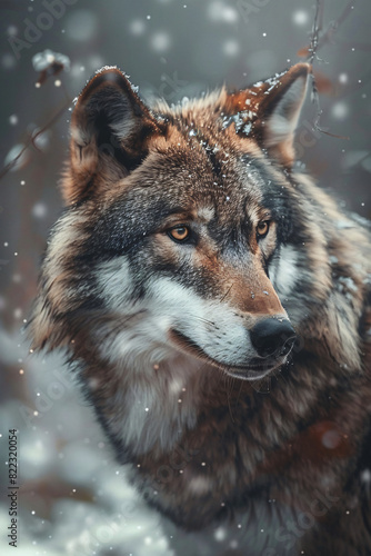 A wildlife high quality photo of wild wolf  standing  during winter snowing  background  wallpaper