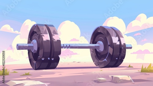Cartoon illustration of a barbell with big weight that is used for sports training in a gym, illustrating gym equipment for sports training