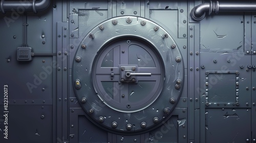 Ship or secret laboratory steel bulletproof doorway with illuminator and rotary lock wheel realistic 3D modern image.