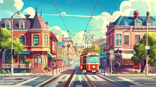 A modern cartoon cityscape with trams, empty cars, residential buildings, and a railway on a city street. A modern cartoon cityscape with trams, urban landscape with residential buildings, stores,