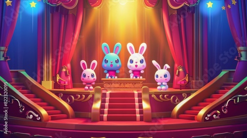 The puppet theater is on stage with a funny doll performing a show for the children with the help of red curtains, stairs, and illumination. Hand toys show rabbit, dog and fox performing a show for photo