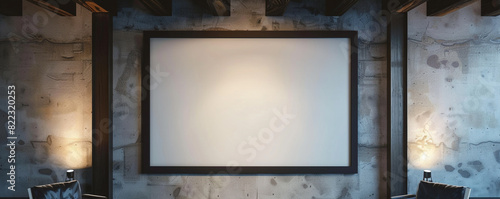 One empty white frame with dark borders, centrally spotlighted and tilted slightly to the right in a modern architectural studio against 