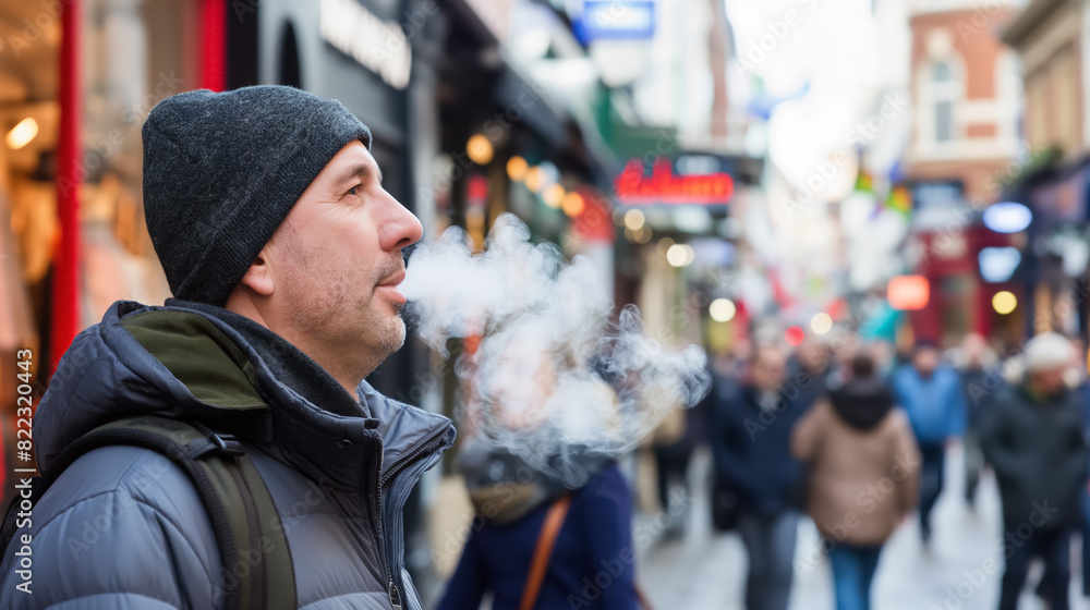 Man in a beanie and winter coat exhales a cloud of vapor while standing on a bustling city street, with a blurred background of people and shops.