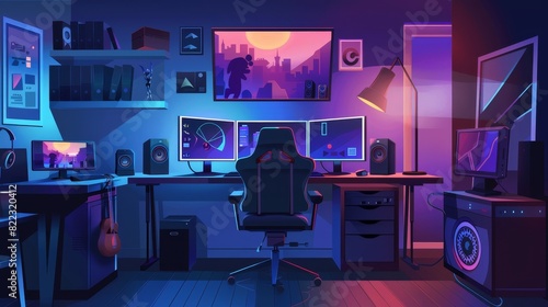 In this modern cartoon cartoon interior room, the teen drinks coffee in his bedroom while working at night like a gamer, programmer, or hacker. photo