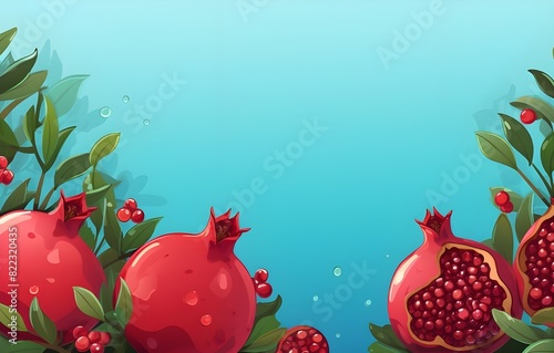 A luxurious landscape of taste: a water-based illustration depicting the pomegranate as a central element of aesthetic and gustatory pleasure.  Copy Space. Banner. Wallpaper. place for text.  photo