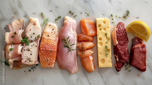 assortment of lean protein sources including turkey chicken cheese and fish arranged for a balanced and healthy diet food photography