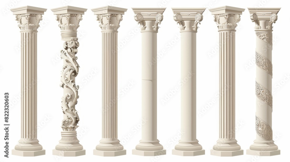 A pair of ancient classic stone columns isolated on white background. These columns are of Roman or Greek architecture with twisted and grooved ornaments for facade designs, realistic 3D modern A pair of ancient classic stone columns isolated on white background. These columns are of Roman or Greek architecture with twisted and grooved ornaments for facade designs, realistic 3D modern