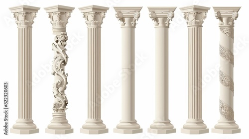 A pair of ancient classic stone columns isolated on white background. These columns are of Roman or Greek architecture with twisted and grooved ornaments for facade designs, realistic 3D modern