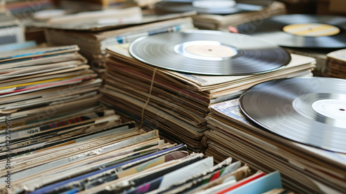 Stacks of vinyl records and their sleeves create a nostalgic and cluttered scene, showcasing the rich history and tactile beauty of analog music collections.