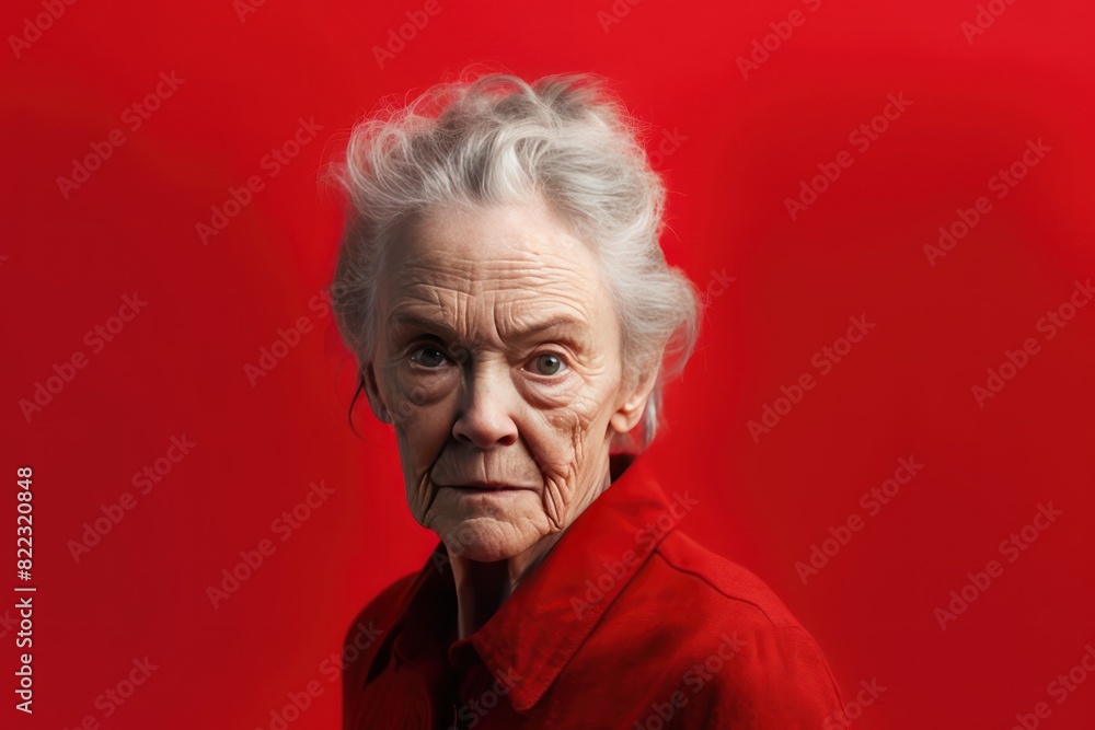 Red background sad European white Woman grandmother realistic person portrait of young beautiful bad mood expression Woman Isolated 