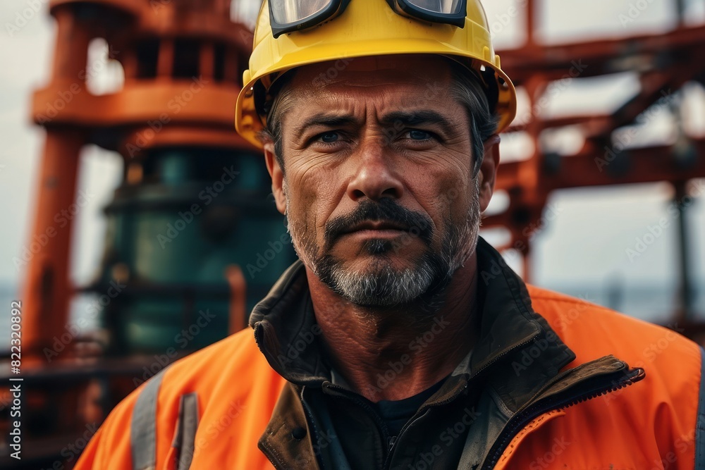 male worker wearing hat and safety suit on offshore oil rig