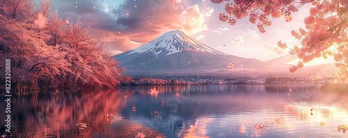 Mount Fuji reflecting in a Beautiful Lake, Surrounded by Pink Flowers. Beautiful Natural Scene with Cherry Blossom. photo