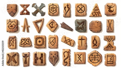 An esoteric occult sign set, nordic ancient alphabet, celtic futark symbols engraved on wooden pieces. Esoteric occult signs, mystic UI elements, isolated modern illustration, icons. photo