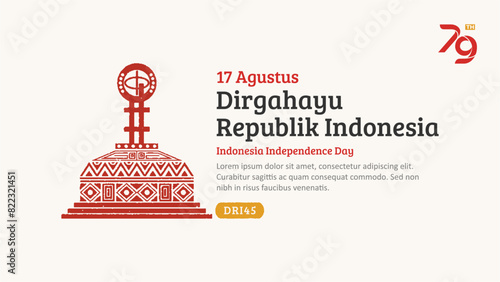Indonesia Independence Day Banner. Hand-Drawn Equator monument with Trendy Stamp. 17 Agustus Celebration