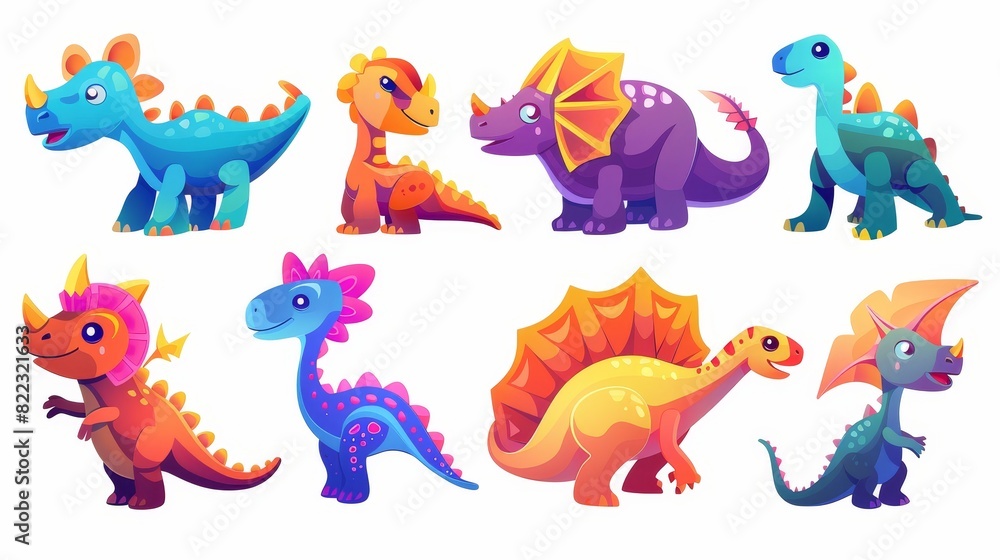 Modern cartoon illustration of triberosaurus, spinosaurus, tyrannosaurus rex, velociraptor, pterodactyl and other dinosaurs on white background.