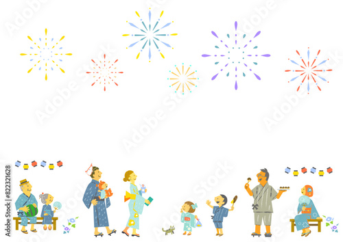 夏祭りで花火を見上げる人々　カラフルで楽しいイラスト