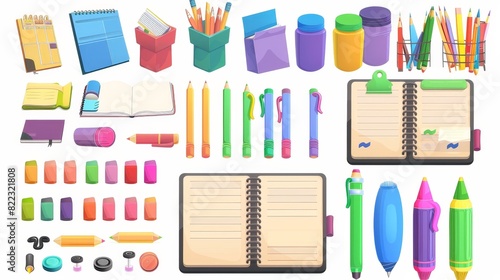 School and office stationary. Modern cartoon icons of education supplies, notepads, pens, pencils, markers, pins, sharpeners, notebooks, pencils, and markers.
