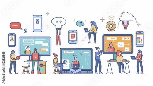 People with gadgets at huge computer desktops. Happy characters online communication with smartphones, laptops, and tablets Line art flat modern illustration Happy characters with gadgets at huge