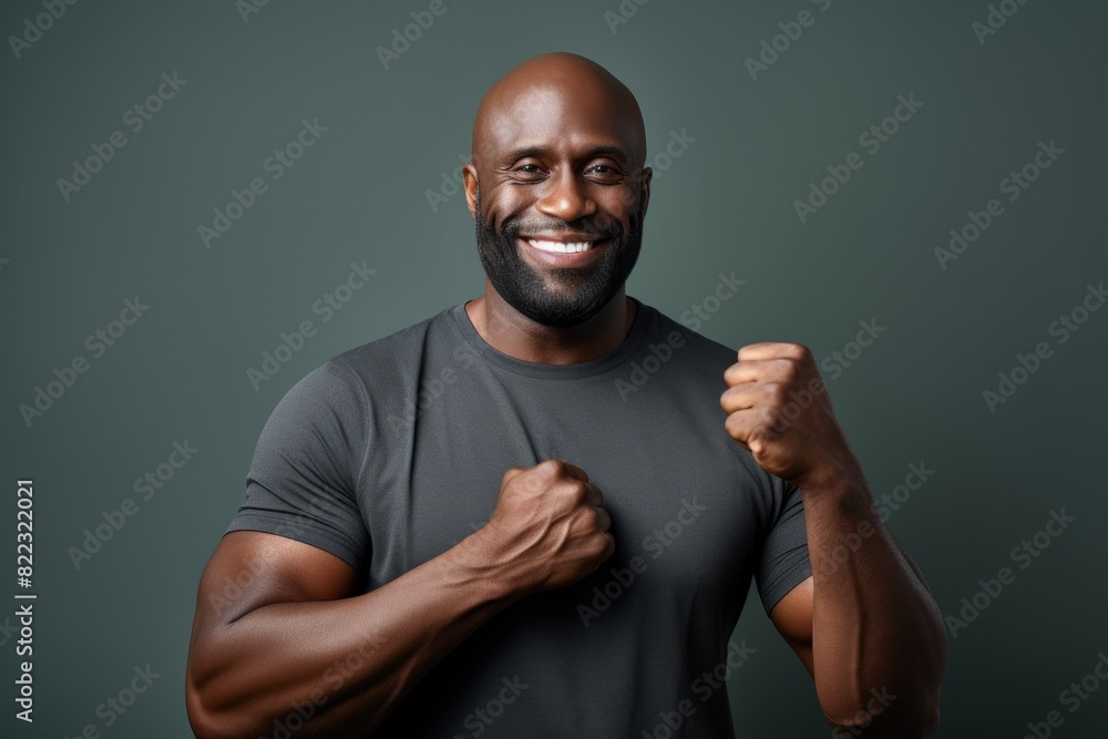 Portrait of a happy afro-american man in his 40s showing a thumb up while standing against bare monochromatic room Portrait of a happy afro-american man in his 40s showing a thumb up while standing against bare monochromatic room